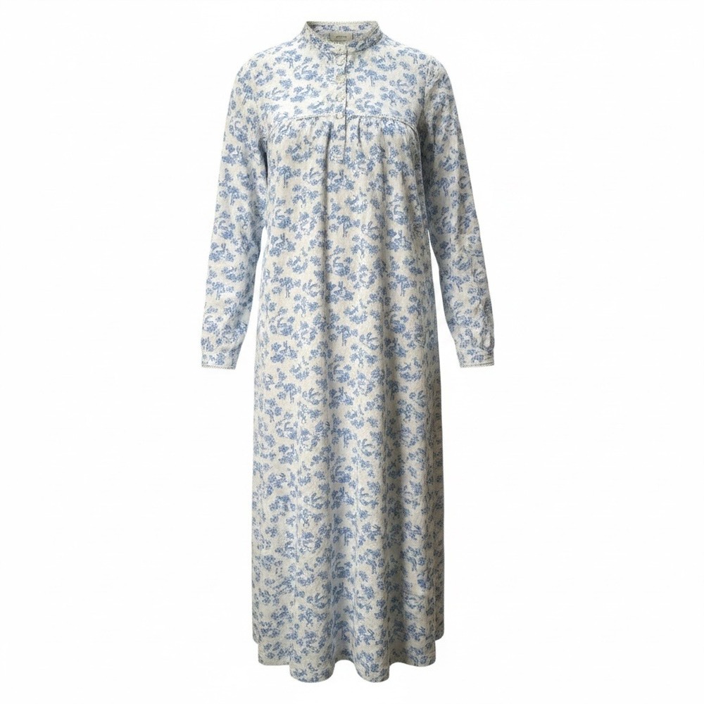 Vintage Nightgown Women Medium Blue Excellent Flannel Toile Floral Deer Lace